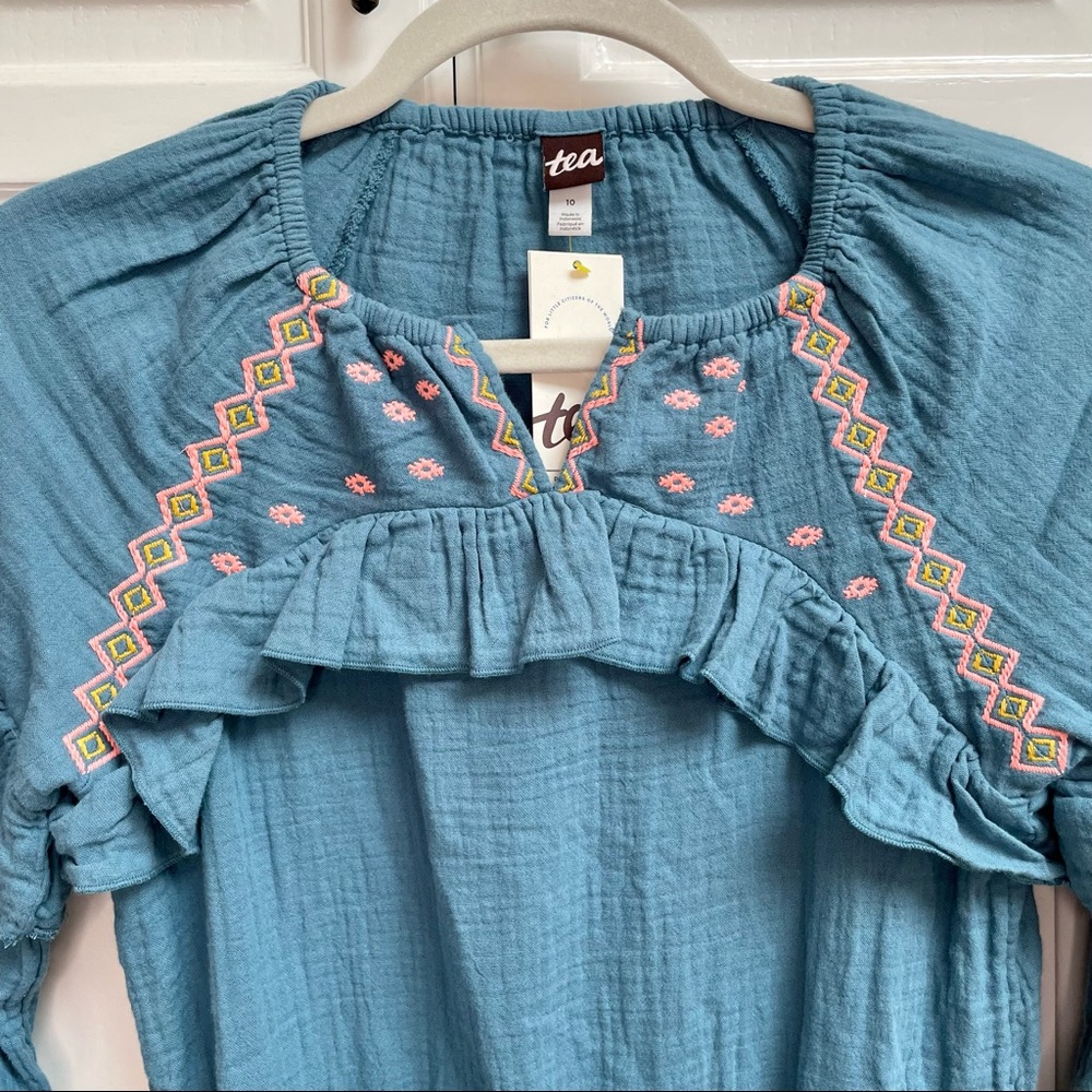NWT Tea Collection Embroidered Ruffle Dress Teal Size 10 - Picture 4 of 14